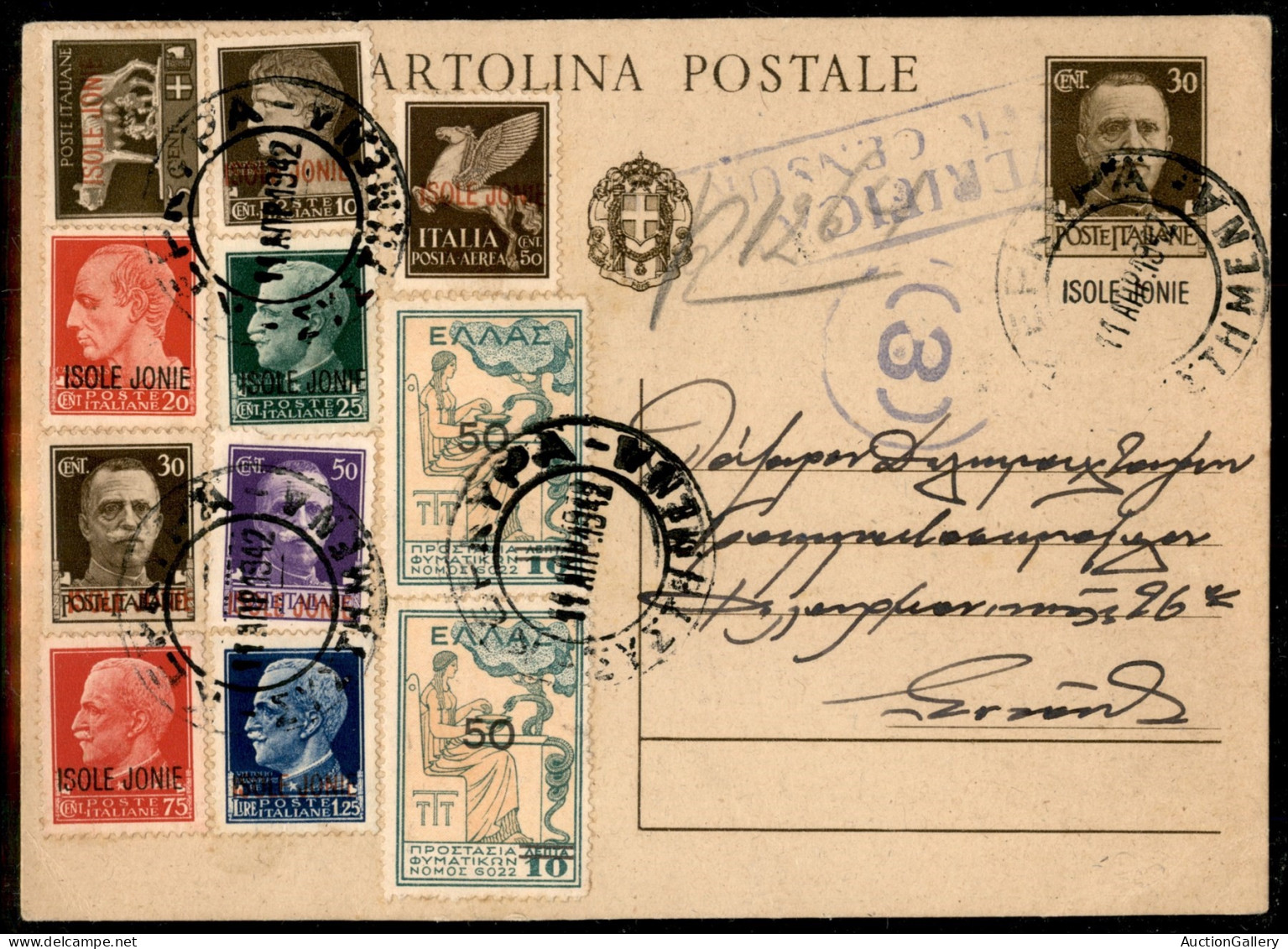 Occupazioni II Guerra Mondiale - Isole Jonie - Cartolina Postale Da 30 Cent (13) Con Affrancatura Complementare Multipla - Autres & Non Classés