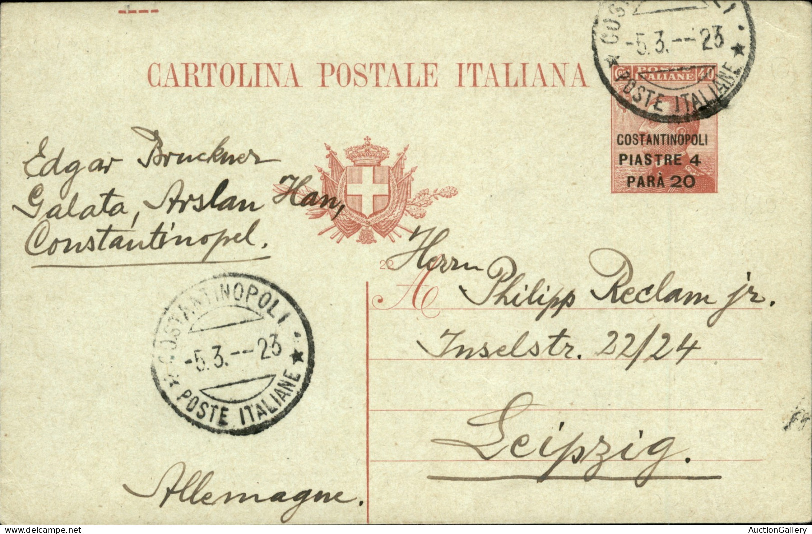 Uffici Postali All'Estero - Levante - Cartoline Postale Da 4,20 Piastre Su 40 Cent (C5-22) Da Costantinopoli A Lipsia De - Autres & Non Classés