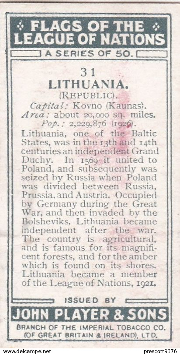 31 Lithuania - Flags Of The League  Of Nations 1928, Players Cigarettes, Original Card, - Player's