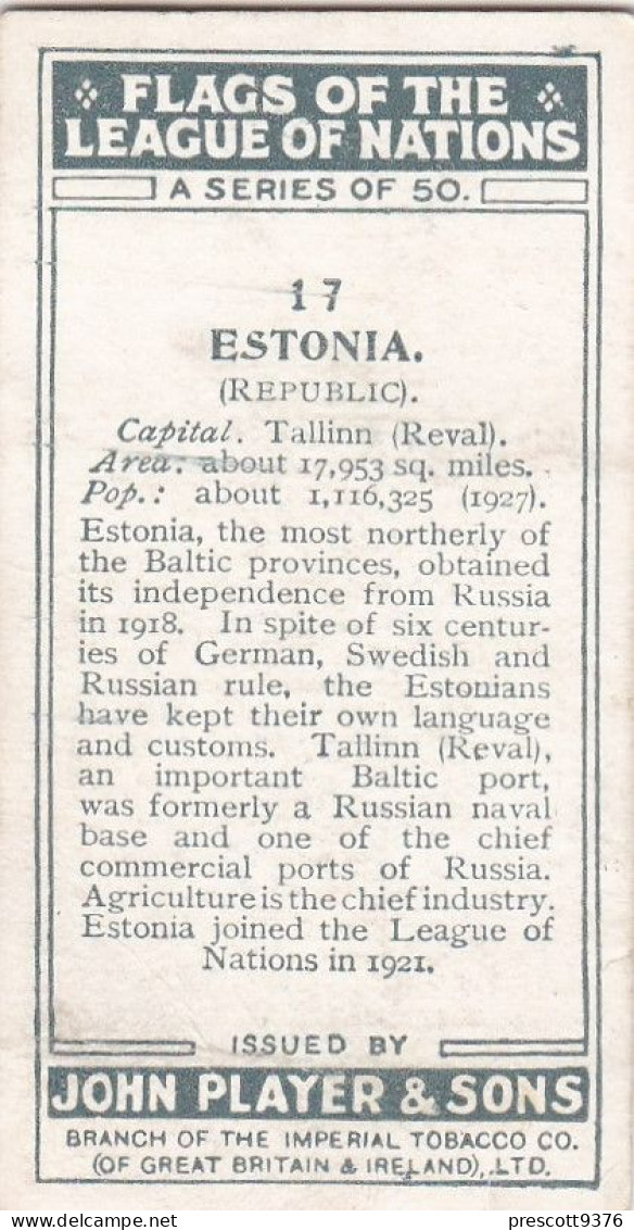 17 Estonia - Flags Of The League  Of Nations 1928, Players Cigarettes, Original Card, - Player's