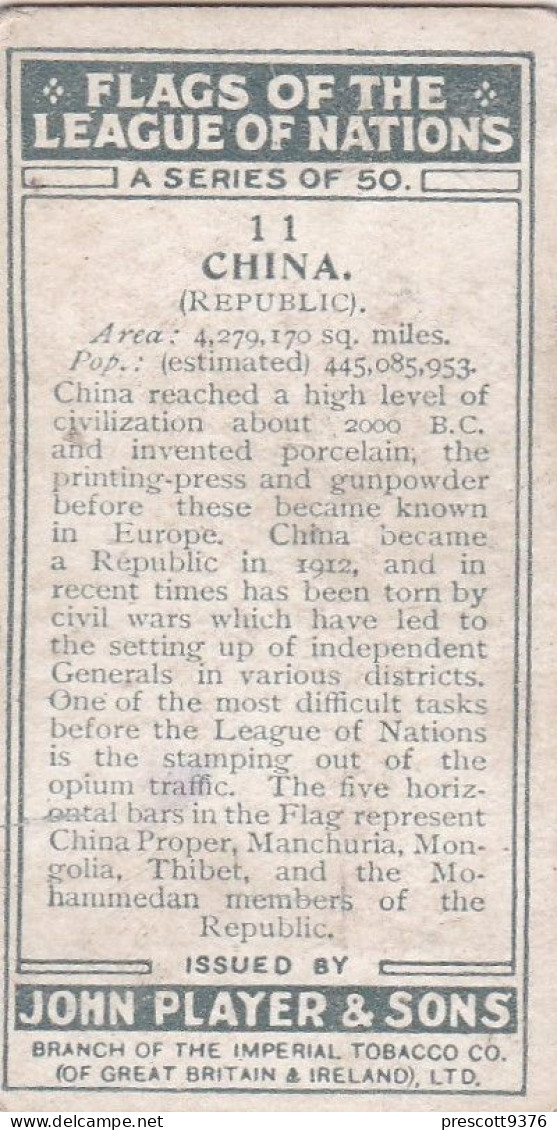11 China - Flags Of The League  Of Nations 1928, Players Cigarettes, Original Card, - Player's