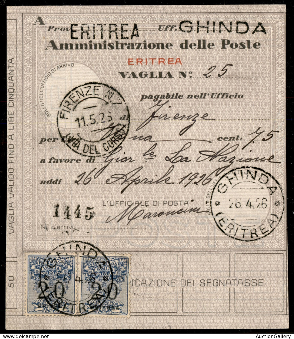 Colonie - Eritrea - Due 20 Cent (1) Su Bollettino Vaglia Da Ghinda Del 26.4.26 (1.600) - Other & Unclassified