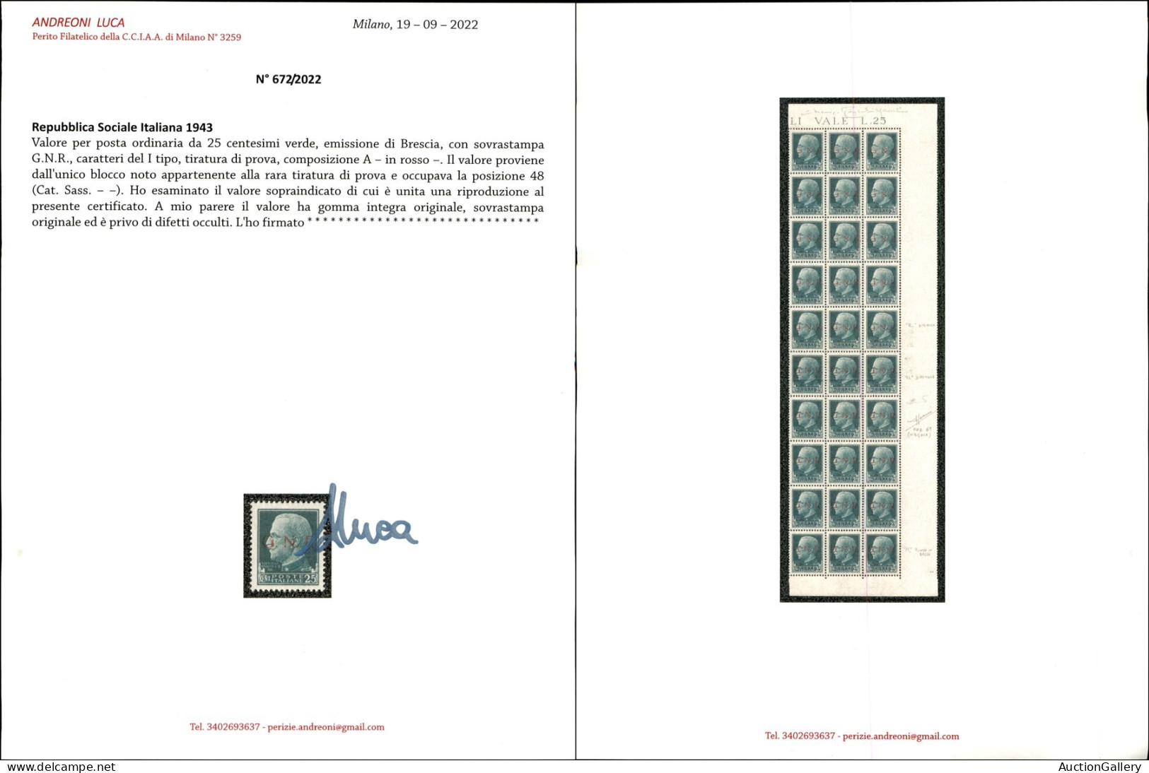 Repubblica Sociale Italiana - G.N.R. Brescia - 1943 - GNR Brescia - Tiratura Di Prova - 25 Cent (494/I) Con Soprastampa  - Other & Unclassified