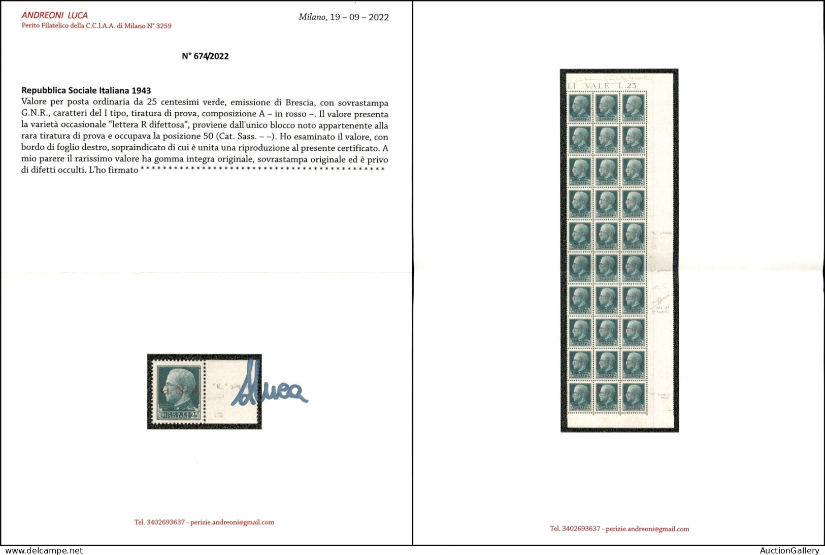 Repubblica Sociale Italiana - G.N.R. Brescia - 1943 - GNR Brescia - Tiratura Di Prova - 25 Cent (494/I) Bordo Foglio Con - Sonstige & Ohne Zuordnung