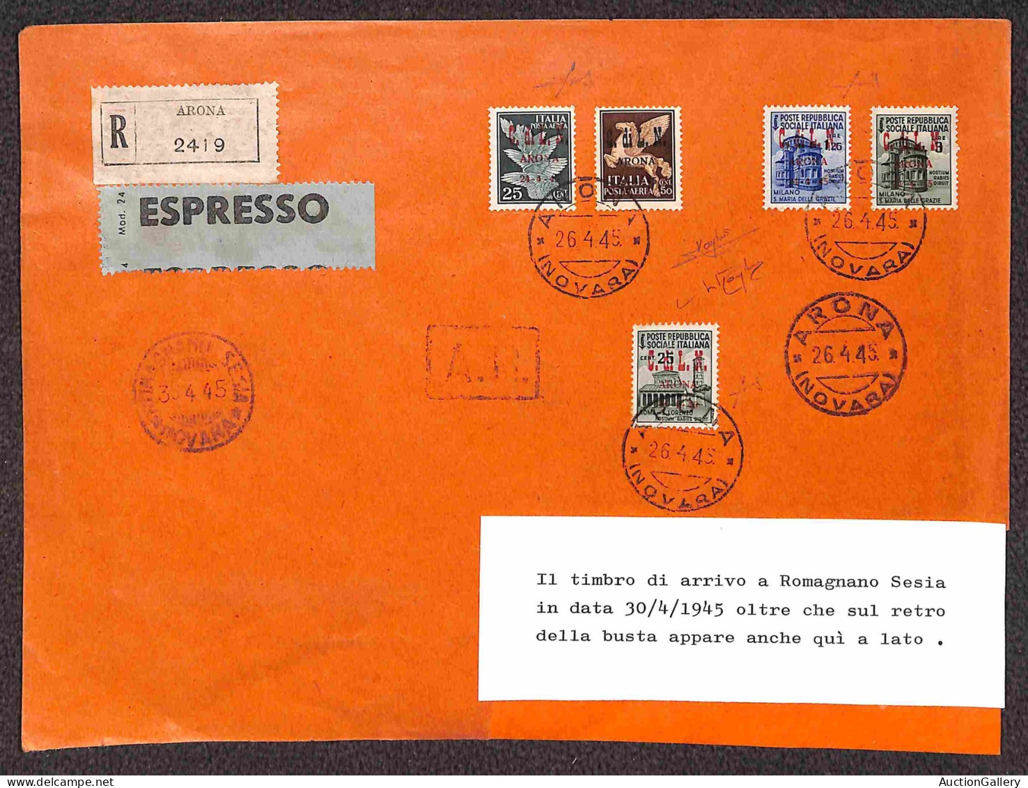 C.L.N. - Arona - 1945 - Posta Aerea (14/15) + Soprastampa Carminio (20+22+23) - 5 Valori Su Raccomandata Espresso Da Rom - Other & Unclassified