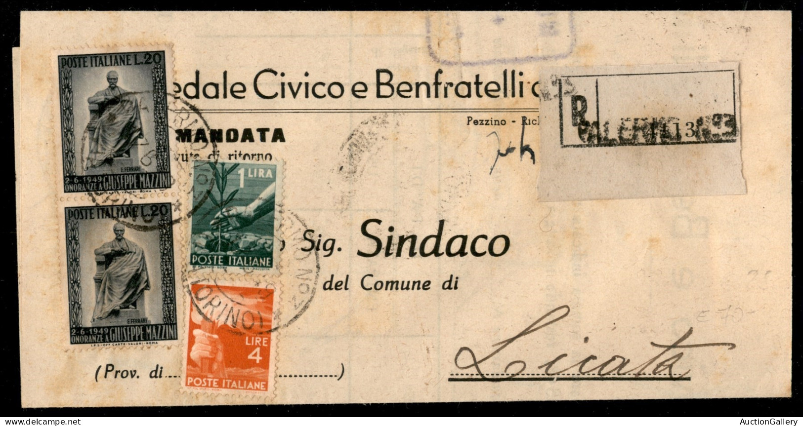 Repubblica - Piego Sindaci Raccomandato Da Palermo A Licata Del 17.6.1949 (550 + 554 + Due 604) - Sonstige & Ohne Zuordnung