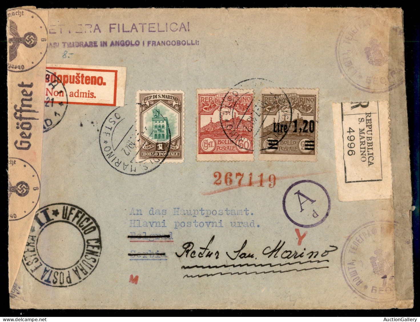 San Marino - Lettera Filatelica Raccomandata Da San Marino Per Belgrado Del 10.7.42 - Affrancata Con 60 Cent (115) + 1,2 - Sonstige & Ohne Zuordnung