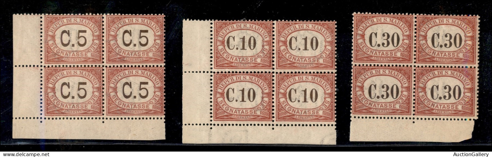 San Marino - 1924 - Segnatasse (10/17) In Quartine Angolari (eccetto 30 Cent) - Gomma Integra - Cert AG - Other & Unclassified