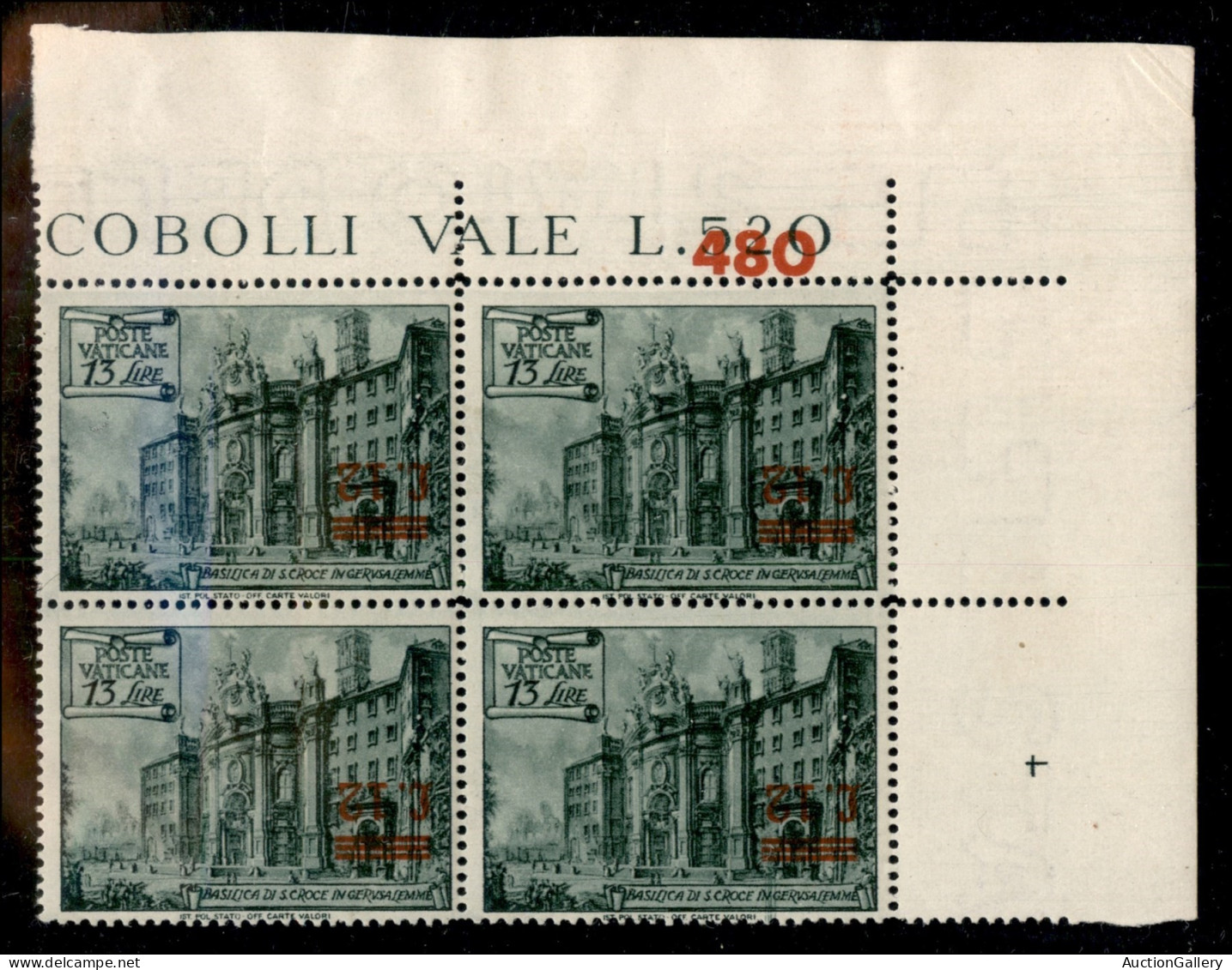 Vaticano - 1952 - Quartina Del 12 Su 13 Lire Basiliche (154/Ia) Con Soprastampa Capovolta - Angolo Di Foglio (valore Del - Otros & Sin Clasificación