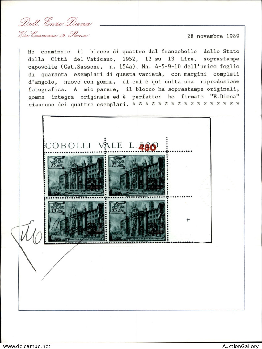 Vaticano - 1952 - Quartina Del 12 Su 13 Lire Basiliche (154/Ia) Con Soprastampa Capovolta - Angolo Di Foglio (valore Del - Other & Unclassified