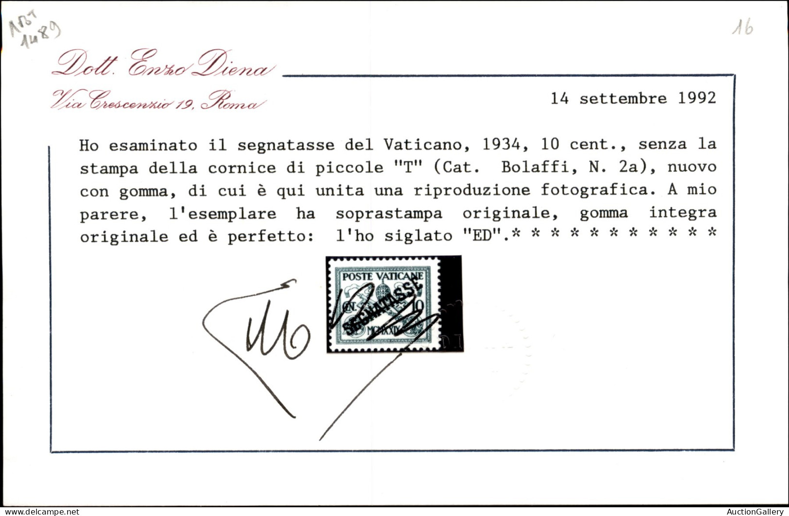 Vaticano - 1934 - Saggio Del 10 Cent (2A) Venduto Come Normale Alla Posta - Gomma Integra - Splendido - Cert. Diena - Andere & Zonder Classificatie