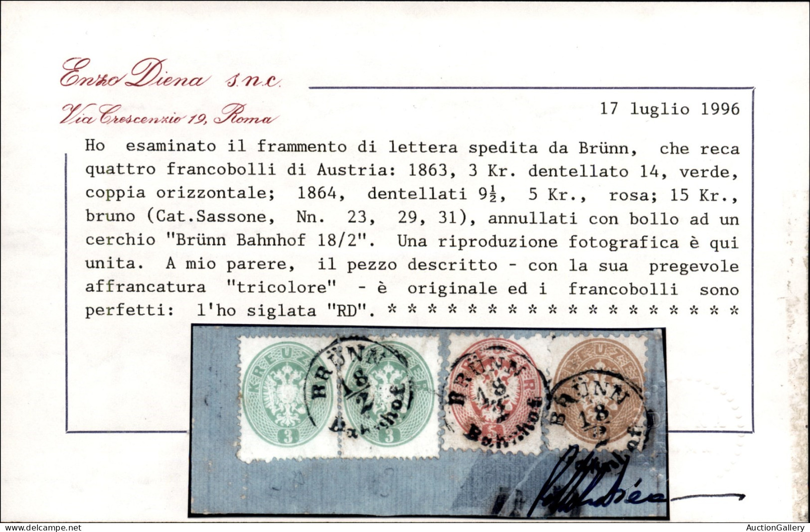 Europa - Austria - 1863 - 26 Kreuzer Su Frammento Di Lettera Spedita Da Brunn Il 18.2 -cert Diena (23+29+31) - Otros & Sin Clasificación