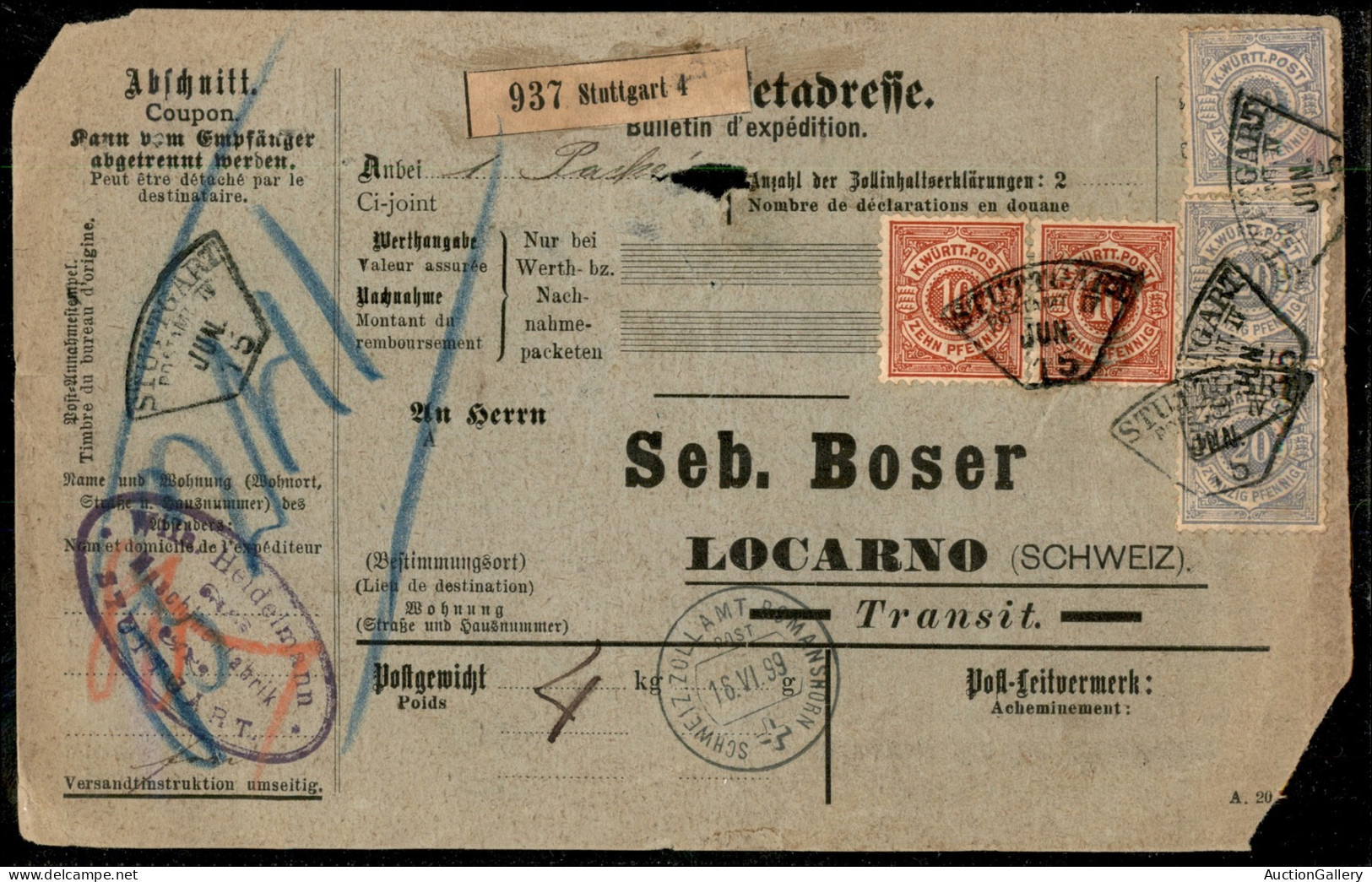 Europa - Germania - Wuttemberg - Bollettino Postale Da Stoccarda A Locarno Del 15.6.99 Con Affrancatura Multipla (46c +  - Sonstige & Ohne Zuordnung