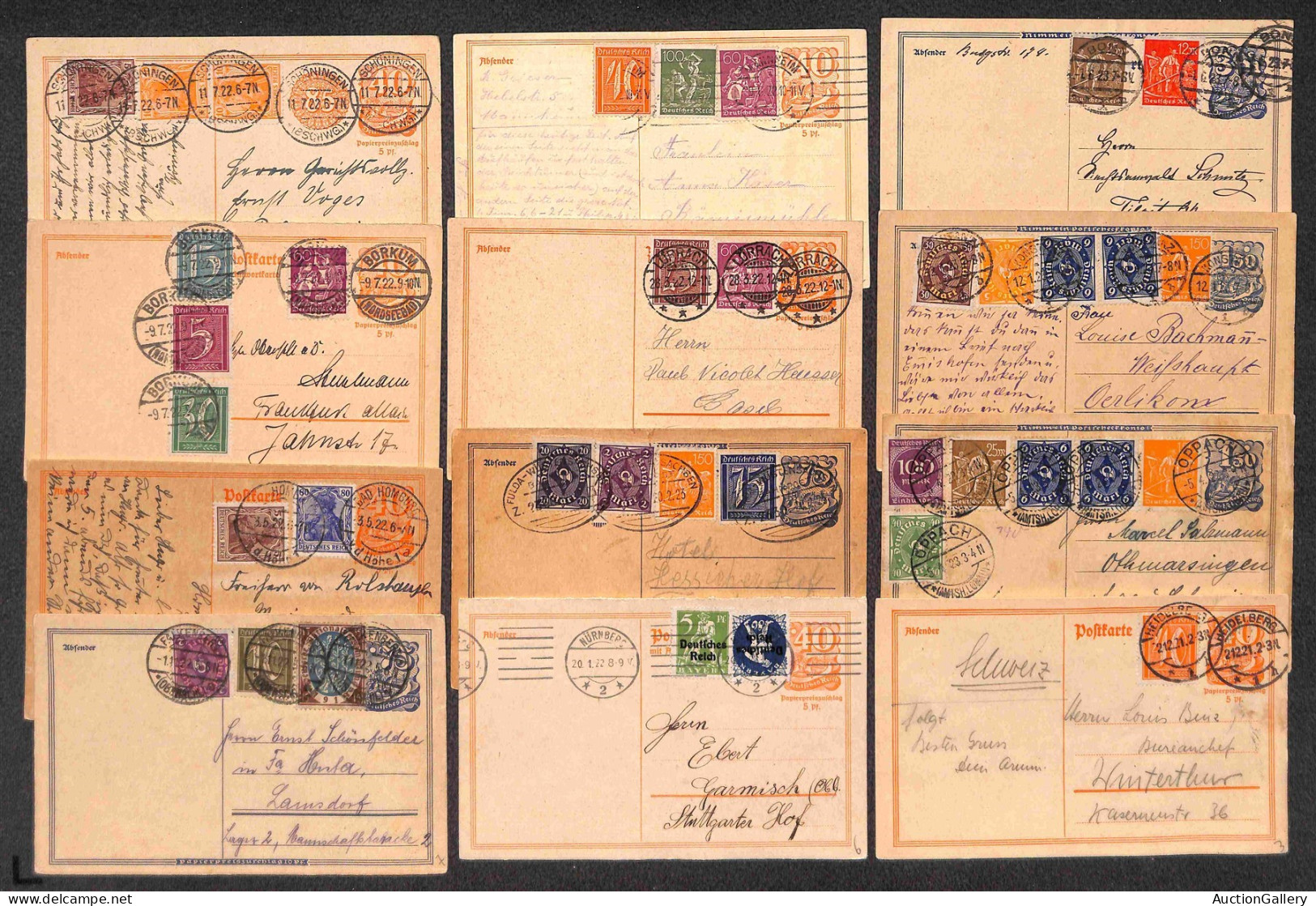 Europa - Germania - 1921/1922 - Inflazione - 65 cartoline postali con affrancature multiple complementari del periodo in