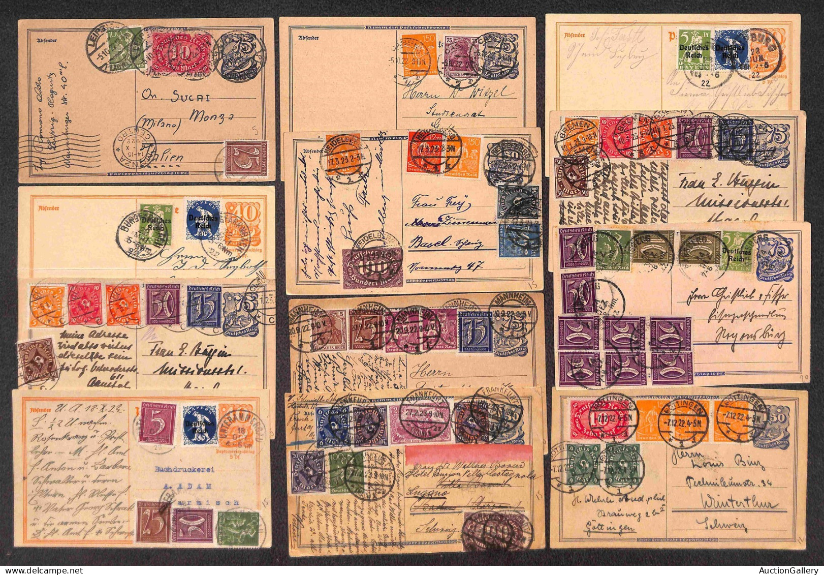 Europa - Germania - 1921/1922 - Inflazione - 65 cartoline postali con affrancature multiple complementari del periodo in