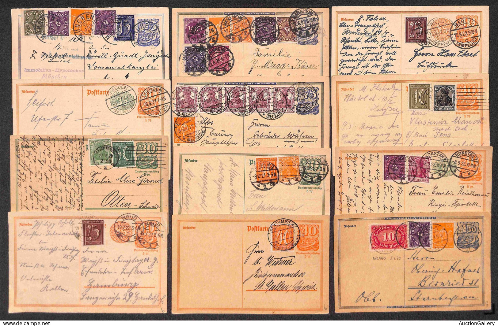 Europa - Germania - 1921/1922 - Inflazione - 65 cartoline postali con affrancature multiple complementari del periodo in