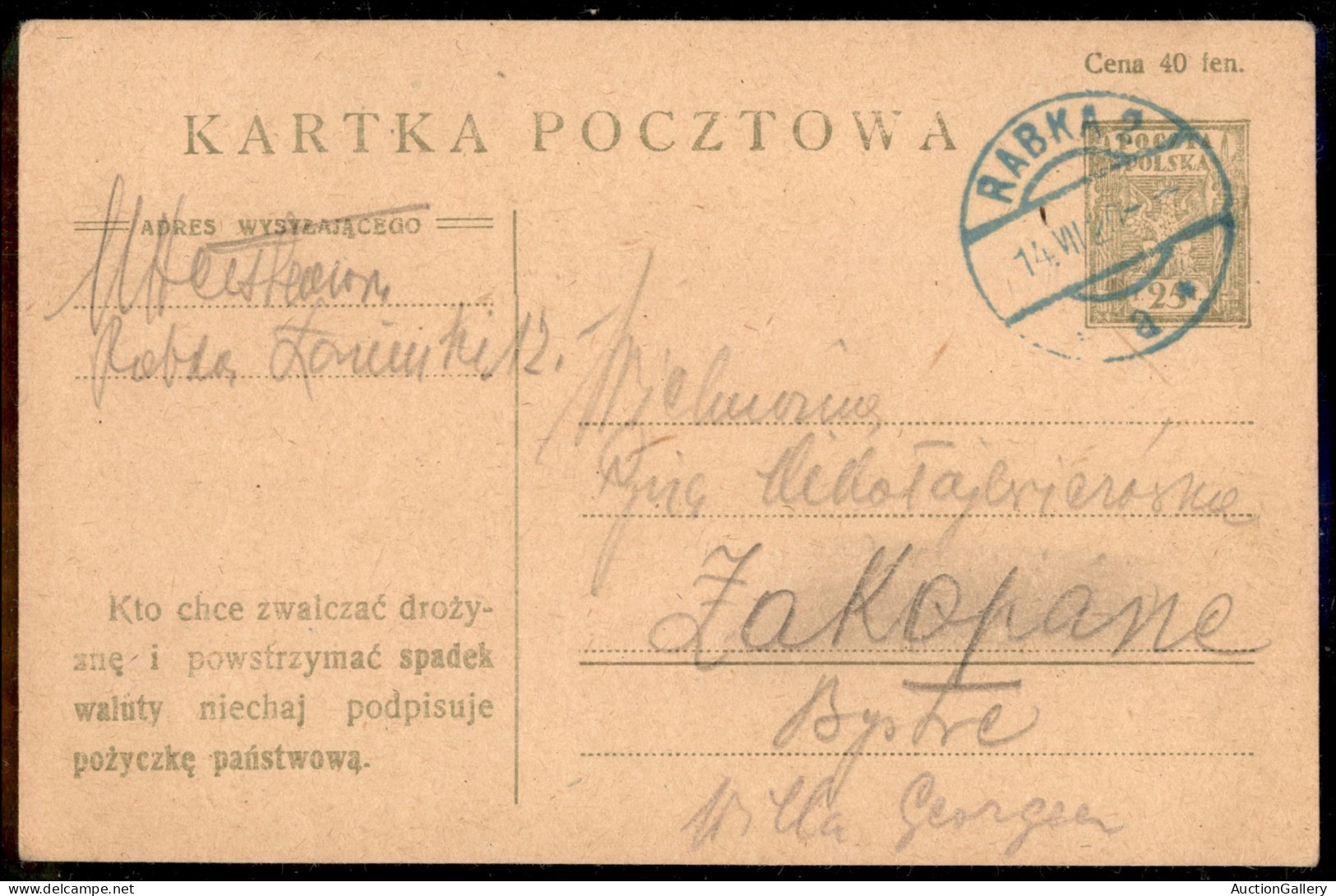 Europa - Polonia - Cartolina Postale Da Rabka (azzurro) A Zacopane Del 14.7.1920 - Sonstige & Ohne Zuordnung