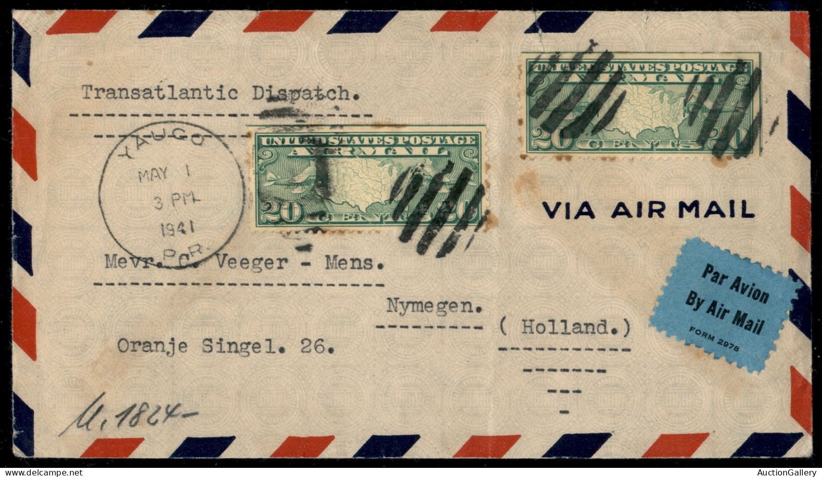 Oltremare - Stati Uniti D'America - Porto Rico - Due 20 Cent (302) Su Transatlantic Dispatch Da Yauco (P.R.) A Nymegen ( - Altri & Non Classificati