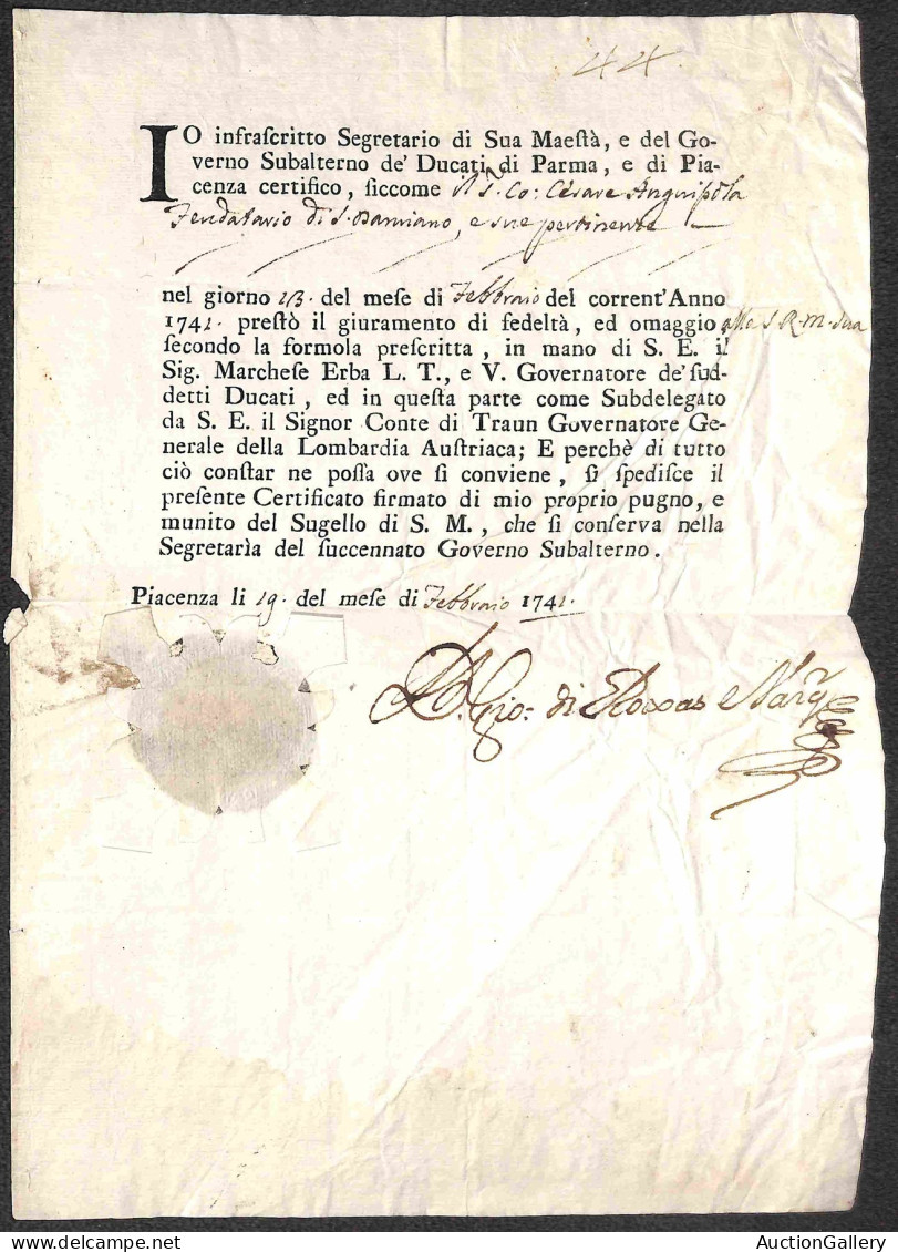 Prefilateliche - Prefilateliche - Piacenza 29 Febbraio 1742 - Certificato Del Giuramento Di Fedeltà Di Cesare Anguissola - Sonstige & Ohne Zuordnung