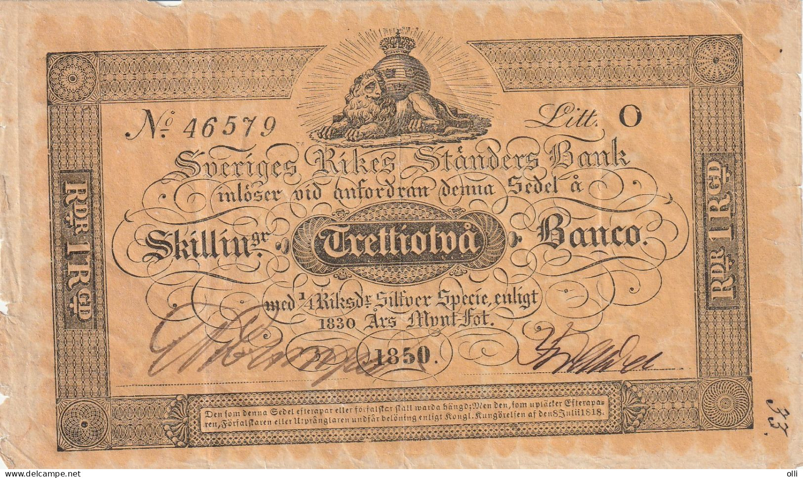 SWEDEN  32 Skilling Banco 1852. - Suecia