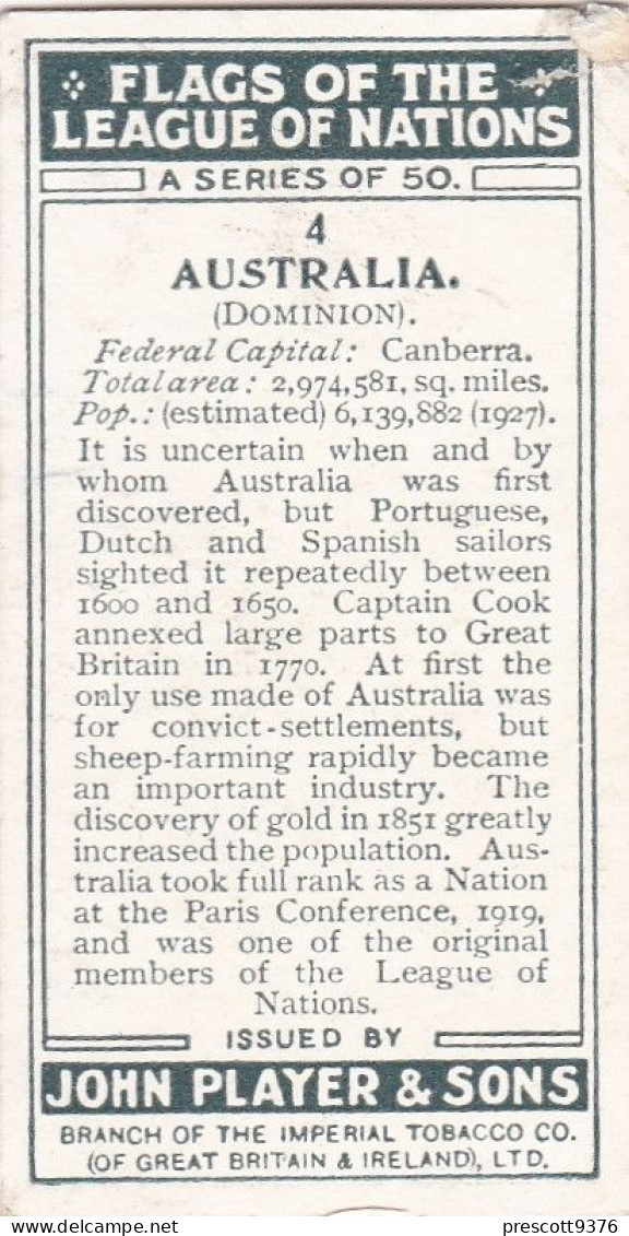 #4 Australia - Flags Of The League  Of Nations 1928, Players Cigarettes, Original Card, - Player's