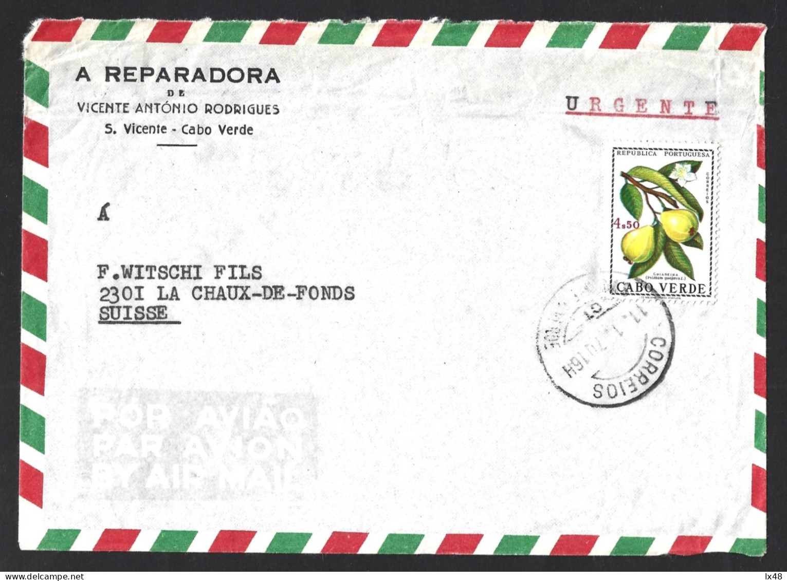 Goiabeira. Psidiun Guajava. Fruits. Carta Urgente Circulada S. Vicente, Cabo Verde Para Suíça 1970.Cape Verde To Switzer - Cap Vert