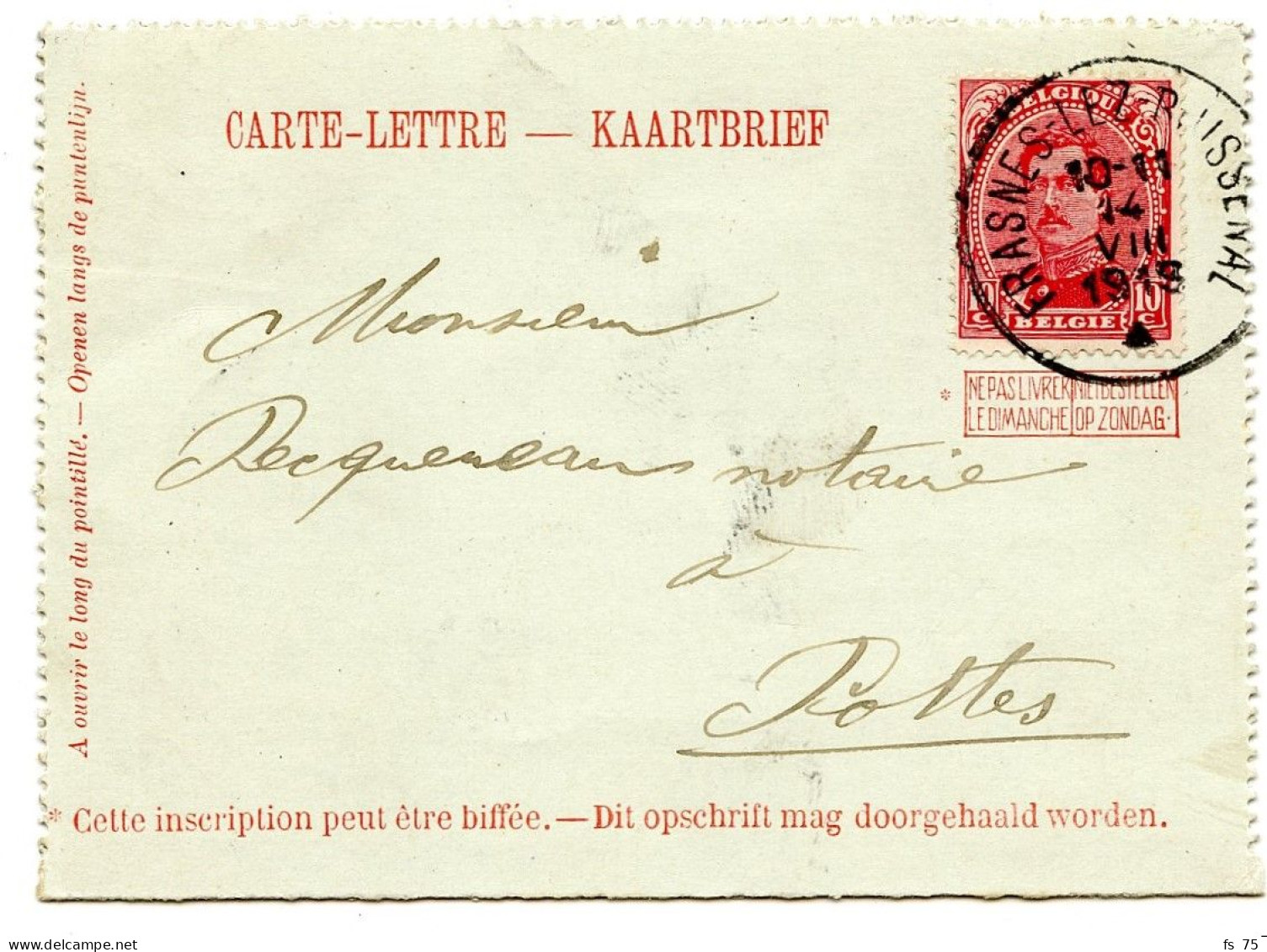 BELGIQUE - COB 138 SUR ENTIER CARTE LETTRE 10C PELLENS DEMONETISE SIMPLE CERCLE FRASNES -LES-BUISSENAL, 1919 - Letter-Cards