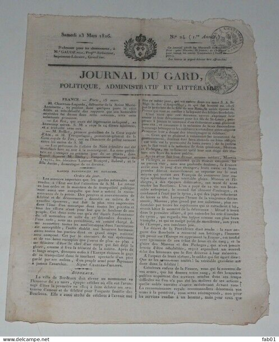 Le Journal Du Gard 23 Mars 1816.(Mr De Chateaubriand-fausses Nouvelles Napoléon) - 1800 - 1849