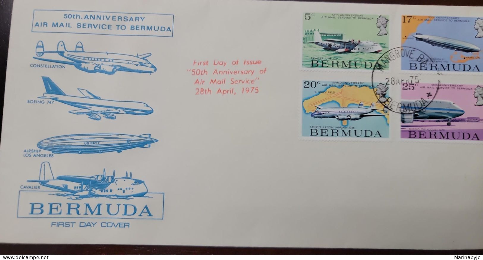 Vtaeb.EL)1975 BERMUDA, 50TH ANNIVERSARY OF THE AIRMAIL SERVICE IN BERMUDA, SHORT S.23 "CAVALIER" SEAPLANE, 1937, U.S. - 1971-1980 Em. Décimales