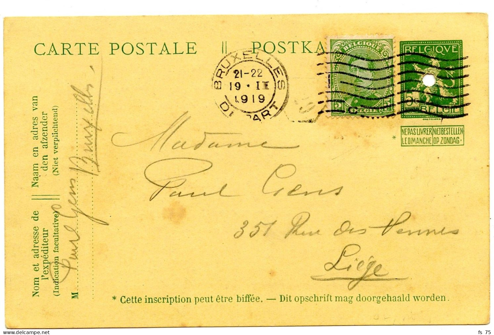 BELGIQUE - COB 137 SUR ENTIER CARTE POSTALE 5C PELLENS DEMONETISE OBLITERATION MECANIQUE BRUXELLES, 1919 - Postkarten 1909-1934