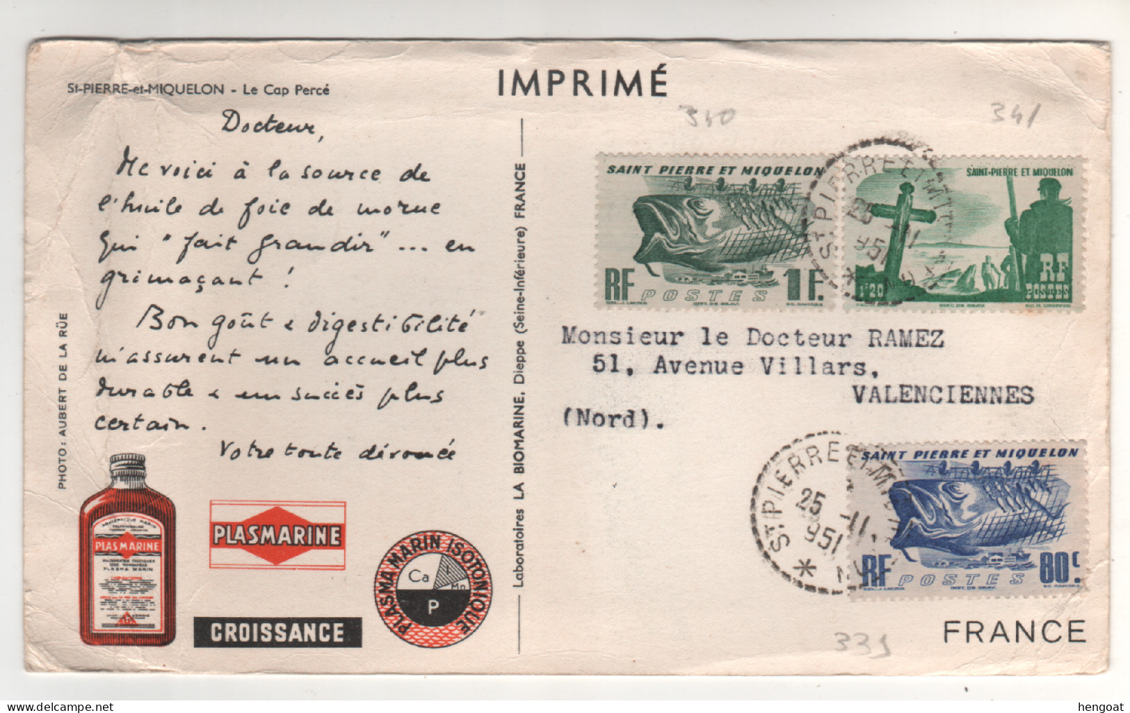 Timbres , Stamps Yvert  339 , 340 , 341 Sur Cp , Carte Publicitaire , Postcard Du 25/11/51 Carte :plis Sur Les Bords !!! - Cartas & Documentos