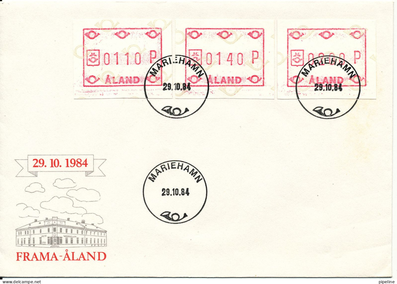 Aland FDC Mariehamn 29-10-1984 Set Of 3 FRAMA Labels With Cachet - Timbres De Distributeurs [ATM]