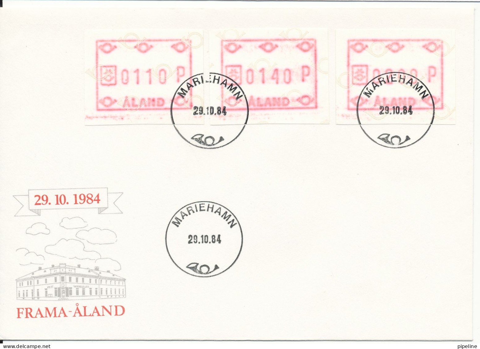 Aland FDC Mariehamn 29-10-1984 Set Of 3 FRAMA Labels With Cachet - Timbres De Distributeurs [ATM]