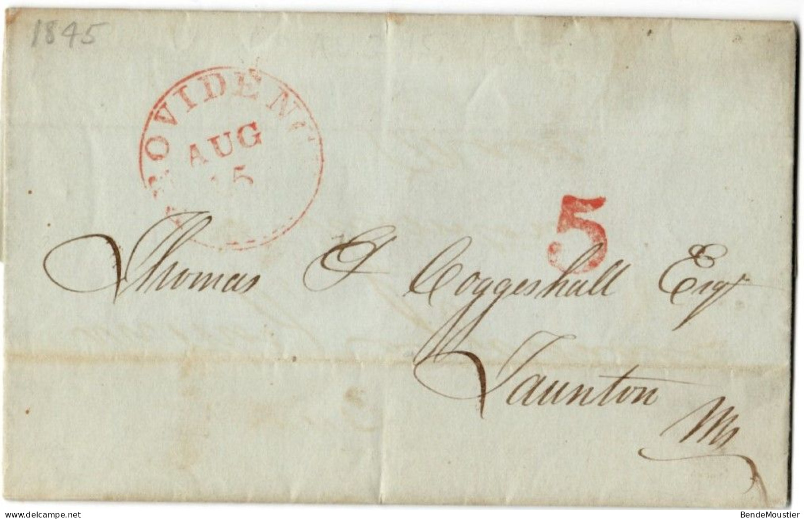 (N99) USA Cover -  Red Postal Marking  Providence Aug 5 - 5 Cts Rate - Taunton (MA) 1845. - …-1845 Prefilatelia