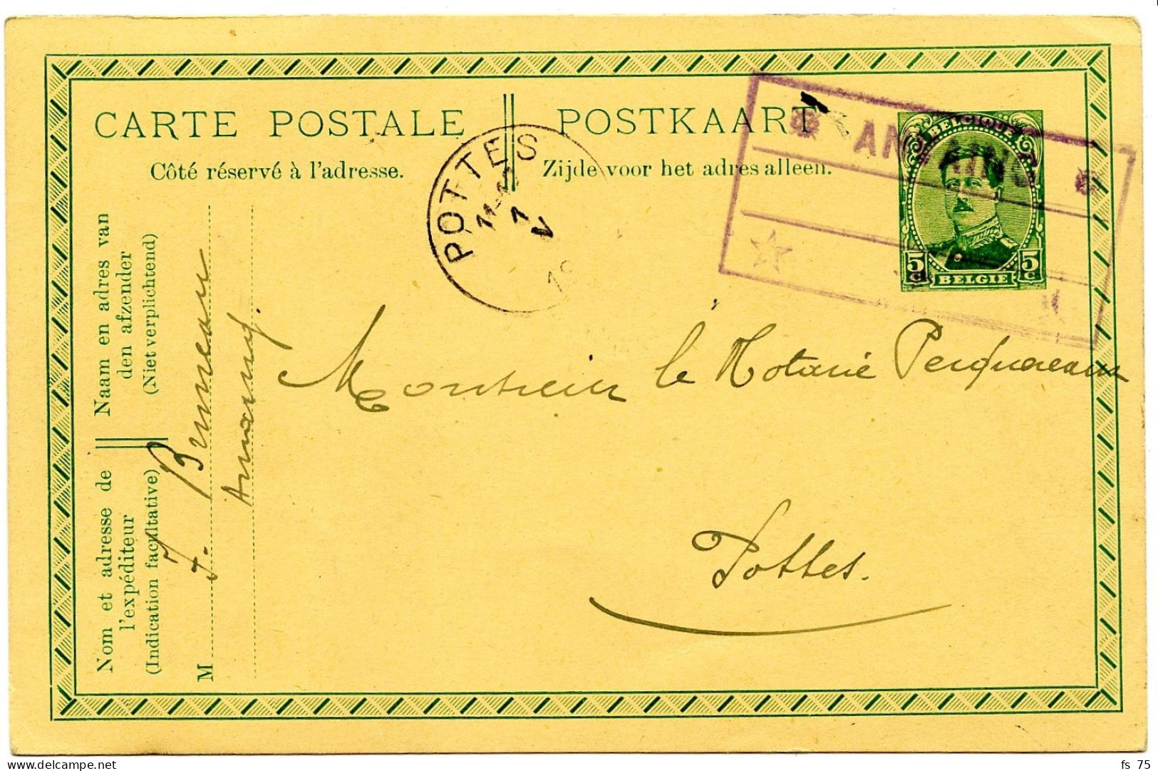 BELGIQUE - CACHET RECTANGULAIRE VIOLET * ANVAING * SUR ENTIER CARTE POSTALE 5C ALBERT 1ER, 1919 - Postkarten 1909-1934