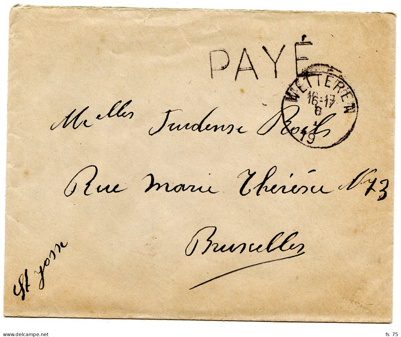 BELGIQUE - SIMPLE CERCLE WETTEREN + GRIFFE PAYE SUR LETTRE, 1919 - Cartas & Documentos
