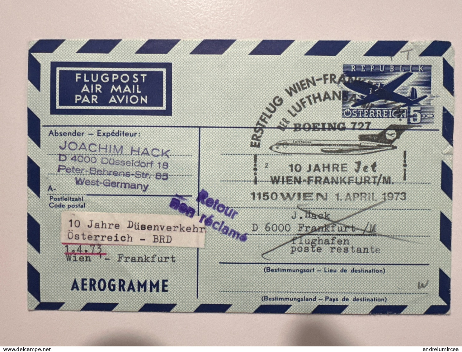 1973 Aerogramme 10 Jahre Wien Frankfurt B727 - Briefe U. Dokumente