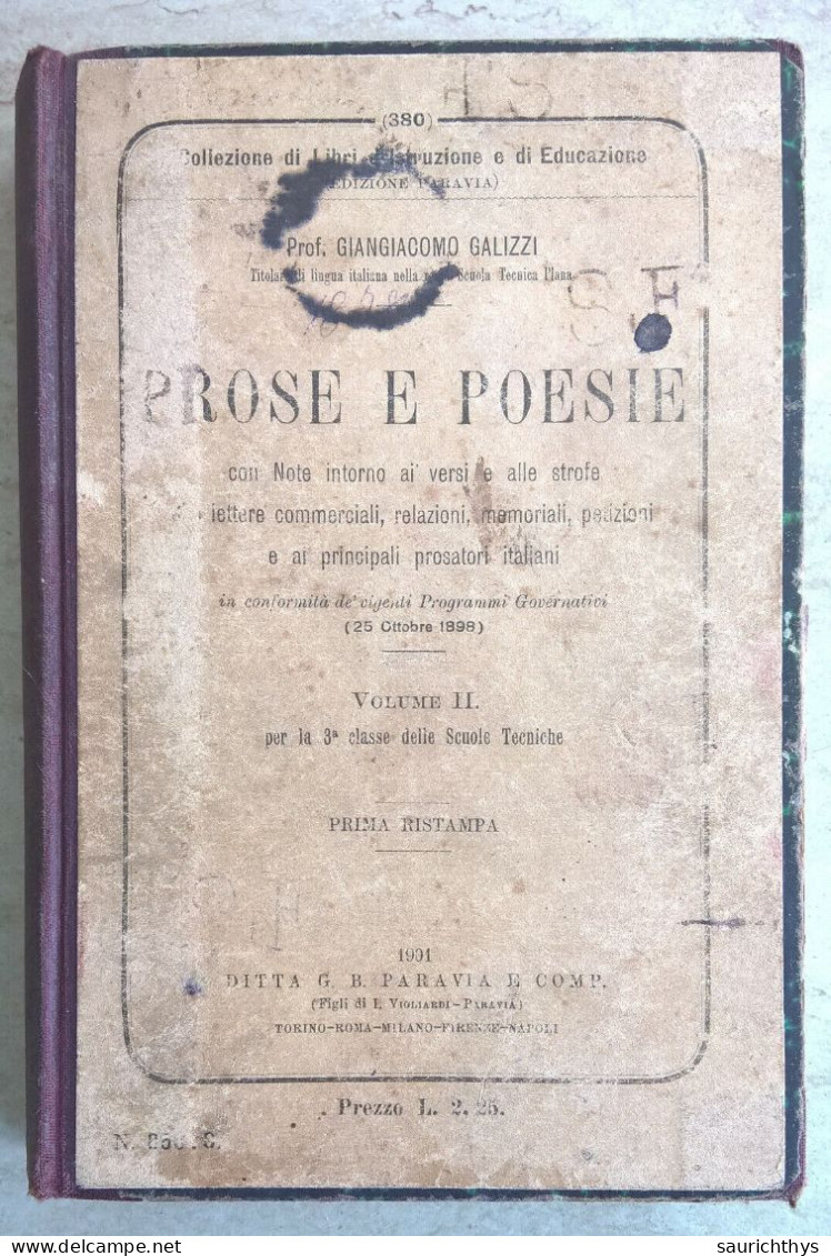 Giangiacomo Galizzi Prose E Poesie Per La 3 Classe Delle Scuole Tecniche Paravia 1901 - Ragazzi