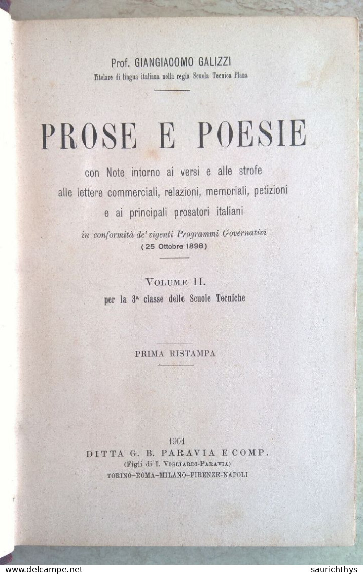 Giangiacomo Galizzi Prose E Poesie Per La 3 Classe Delle Scuole Tecniche Paravia 1901 - Teenagers