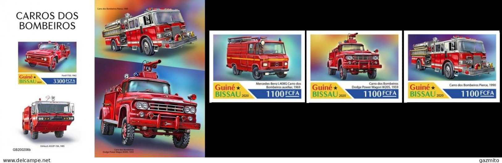 Guinea Bissau 2020, Fire Engine, 3val +BF IMPERFORATED - Sapeurs-Pompiers