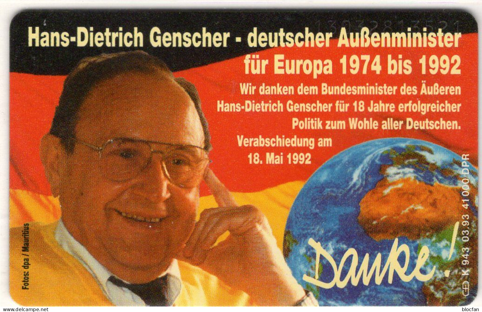 Deutschland TK K 943/1993 ** 25€ Porträt Außenminister Genscher EUROPA-Karte Stamp BRD1351/F2636 TC ECU Telecard Germany - K-Series: Kundenserie