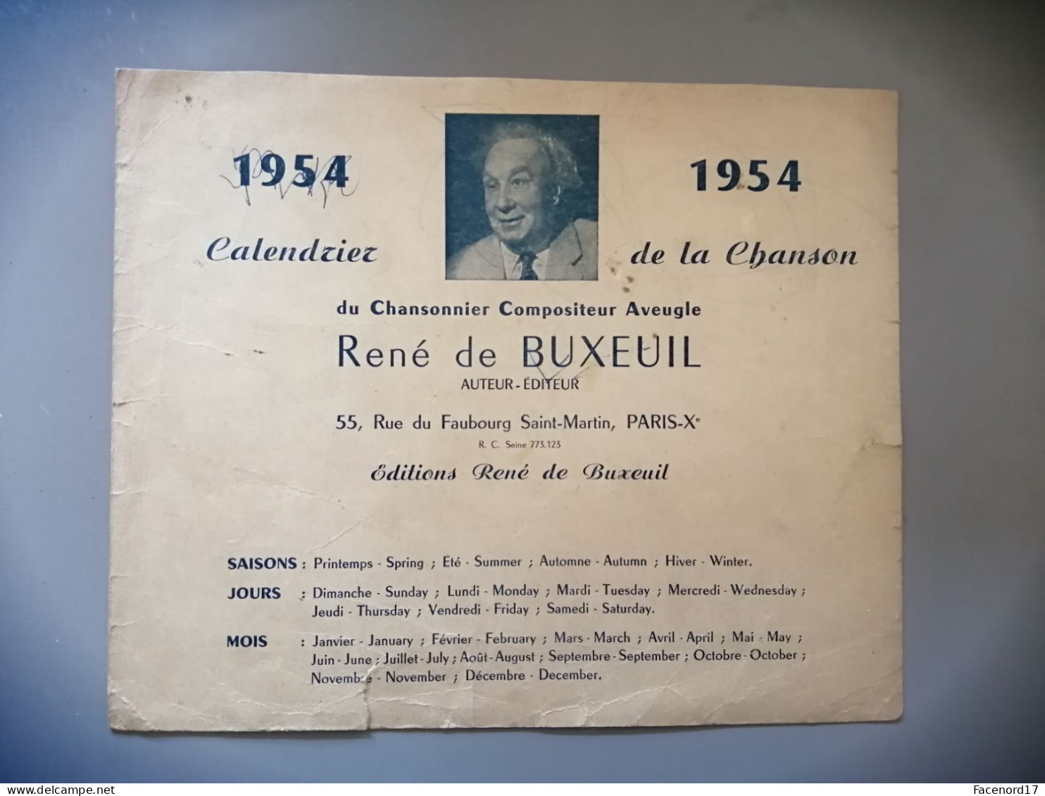 Calendrier De La Chanson Du Chansonnier Compositeur Aveugle René De Buxeuil 1954 - Tamaño Grande : 1941-60
