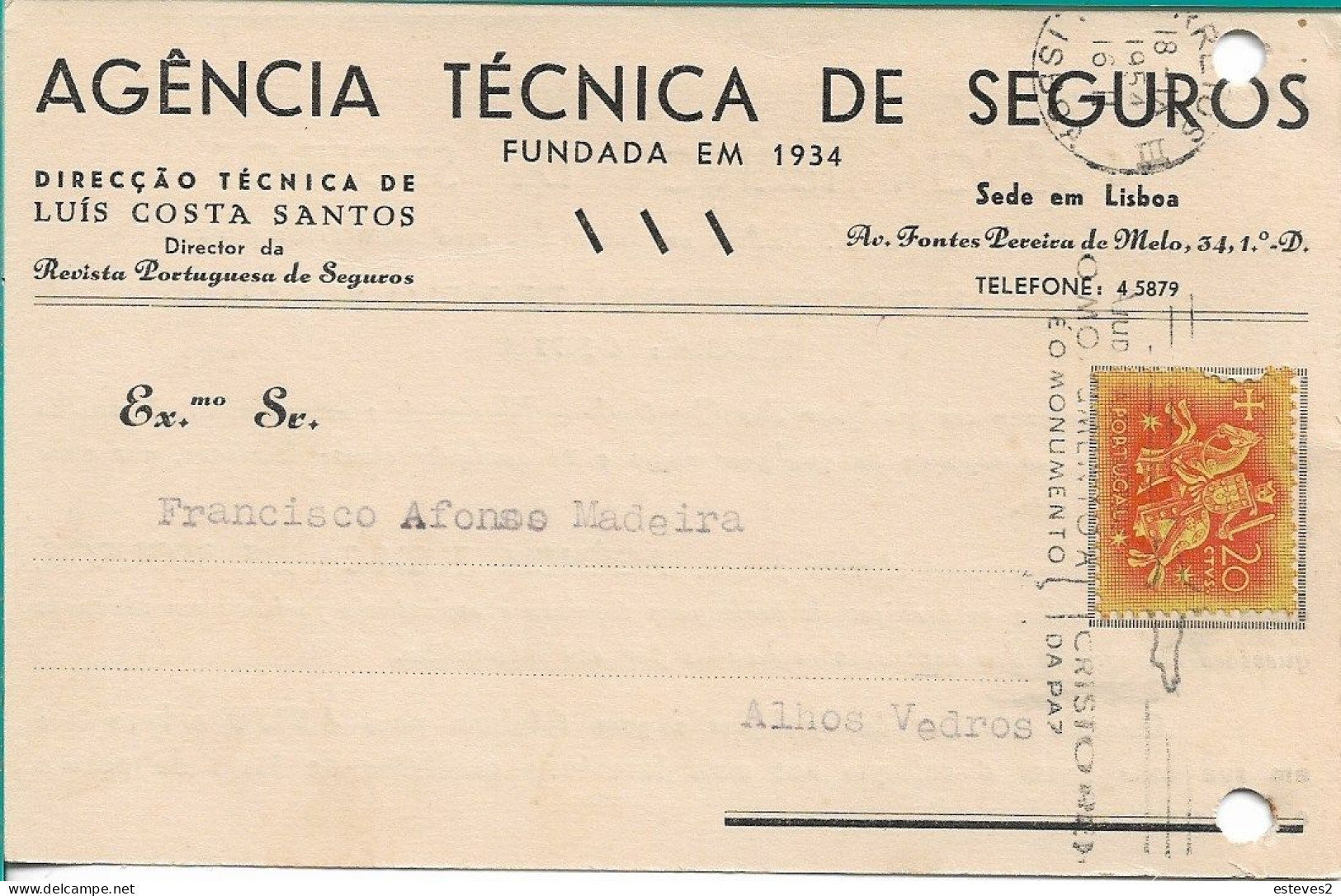 Portugal 1954 , AGÊNCIA TÉCNICA DE SEGUROS , Insurance Commercial Mail , - Portugal