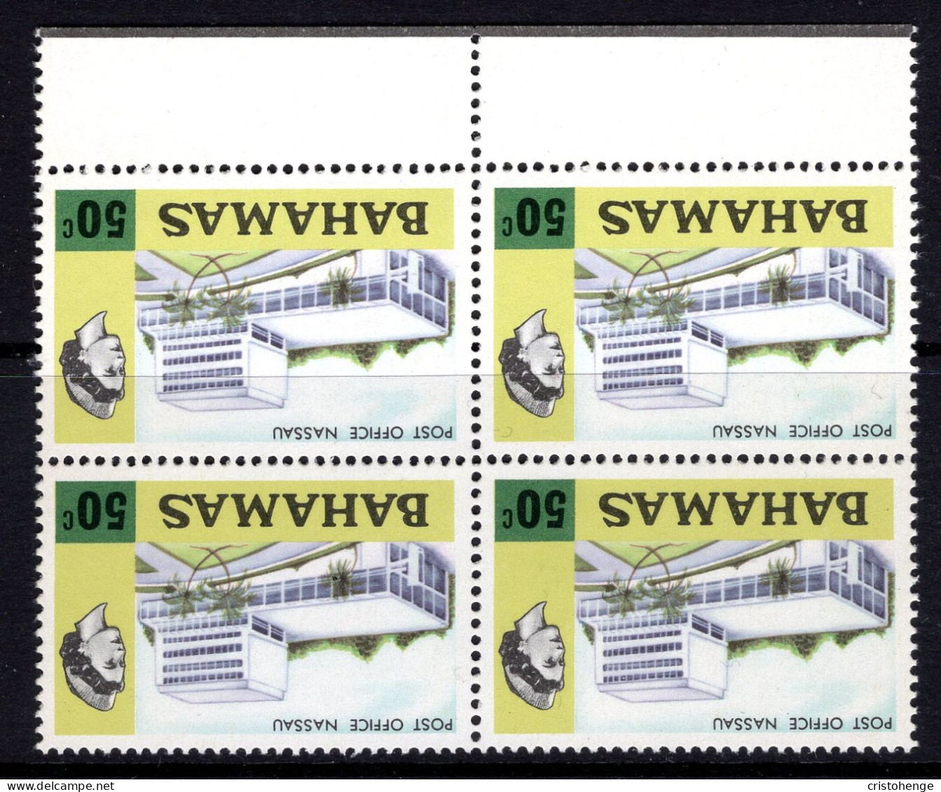 Bahamas 1972-73 Pictorials - 50c Post Office- Wmk. Crown To Left Of CA - Block Of 4 MNH (SG 397w) - 1963-1973 Ministerial Government