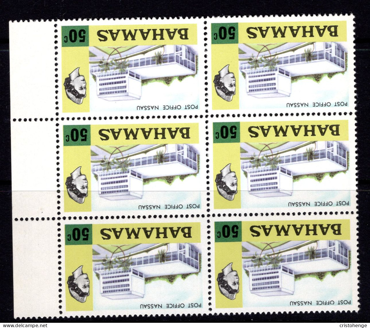 Bahamas 1972-73 Pictorials - 50c Post Office- Wmk. Crown To Left Of CA - Block Of 6 MNH (SG 397w) - 1963-1973 Ministerial Government