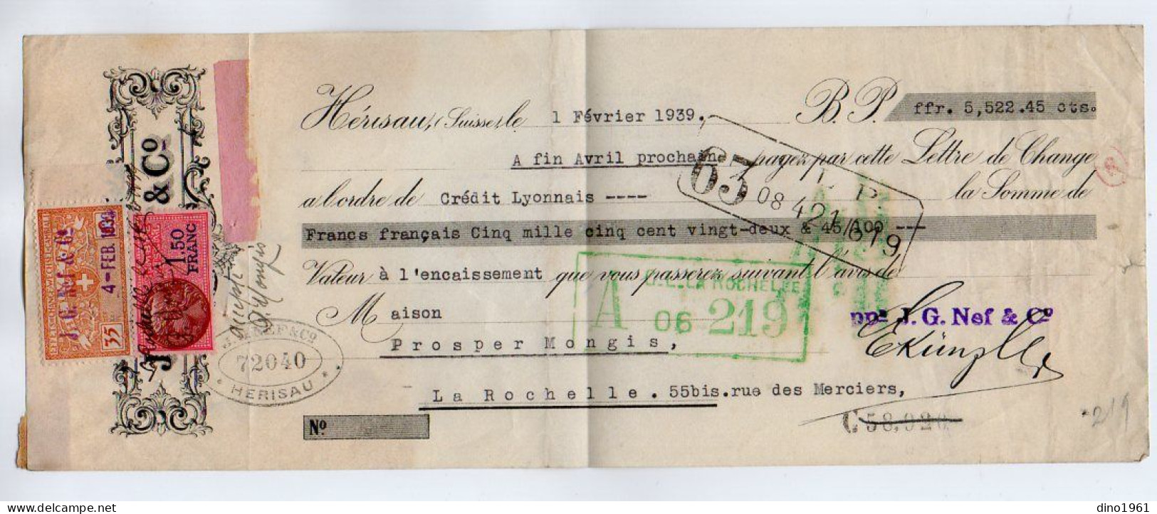VP22.579 - Lettre De Change - HERISAU,Suisse 1939 - J. G. NEF & Co - Fiscal,Effets De Change - WECHSEL - CAMBIALI . 5Cs - Cambiali