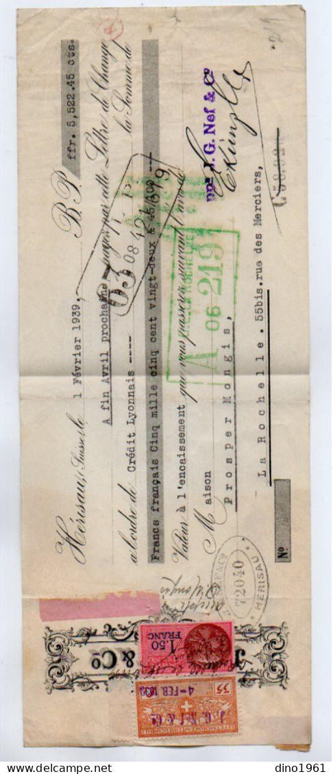 VP22.579 - Lettre De Change - HERISAU,Suisse 1939 - J. G. NEF & Co - Fiscal,Effets De Change - WECHSEL - CAMBIALI . 5Cs - Bills Of Exchange