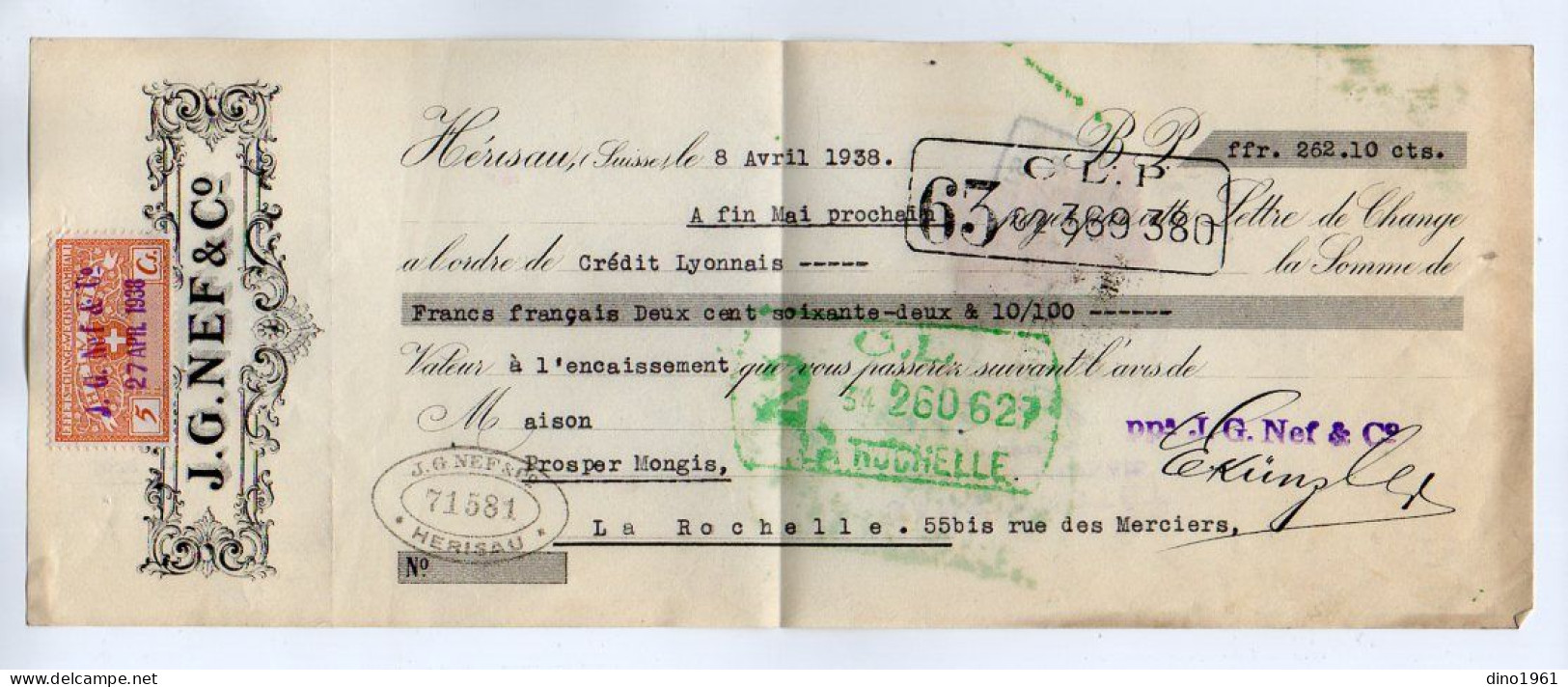 VP22.580 - Lettre De Change - HERISAU,Suisse 1938 - J. G. NEF & Co - Fiscal,Effets De Change - WECHSEL - CAMBIALI . 5Cs - Bills Of Exchange