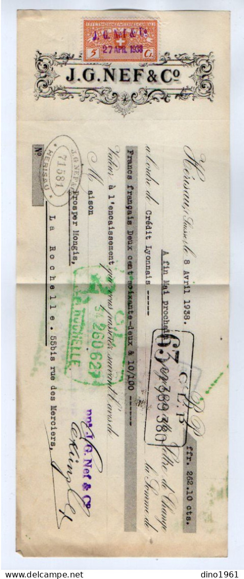 VP22.580 - Lettre De Change - HERISAU,Suisse 1938 - J. G. NEF & Co - Fiscal,Effets De Change - WECHSEL - CAMBIALI . 5Cs - Letras De Cambio