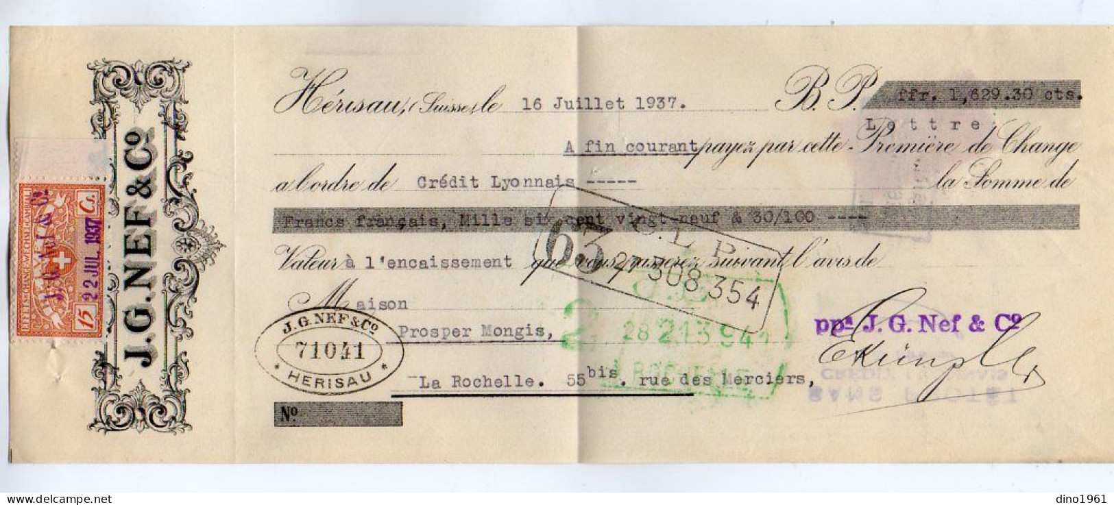 VP22.581 - Lettre De Change - HERISAU,Suisse 1937 - J. G. NEF & Co - Fiscal,Effets De Change - WECHSEL - CAMBIALI . 5Cs - Bills Of Exchange